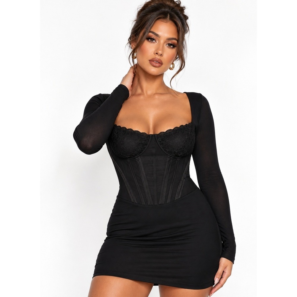 PrettyLittleThing Shape Black Mesh Lace Insert Corseted Mini Dress US 10 NWT
